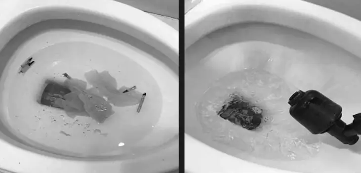 collage of Plunge Blaster power plunger unclogging a toilet